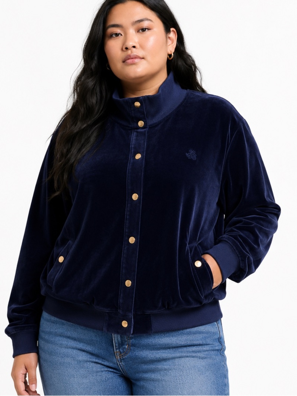 Lauren Ralph Lauren navy blue velour track jacket with gold snap buttons size 2X